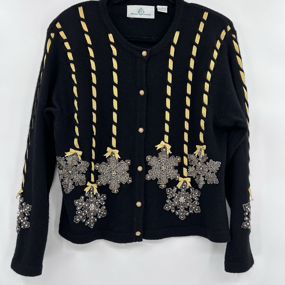 VTG Design Options Womens Lambswool Snowflake Sweater Size M Black Gold Beaded‎